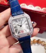Replica Cartier Santos SS Diamond Blue Leather Strap Watch Quartz